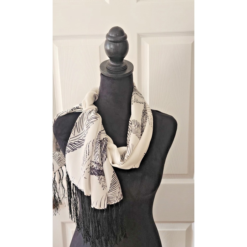 Allison W Black and White Feather Print Silk Oblong scarf 48" x 14"
